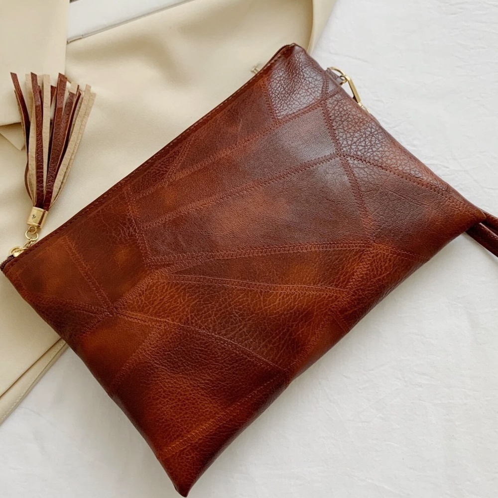 Luxe Vegan Leather Tassel Zipper Clutch wristlet - Picture 3 of 8